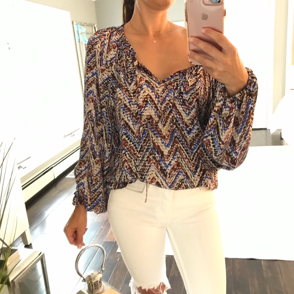 Make offer! Parker Blue, Brown & Cream Printed Peasant Blouse XS fits as Medium